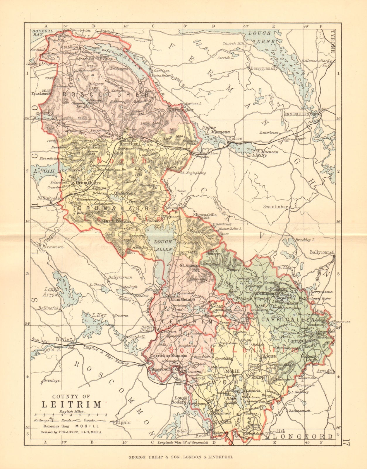 COUNTY LEITRIM. Antique county map. Connaught. Ireland. BARTHOLOMEW 1886
